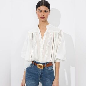 Alice + Olivia Cora Button Down Off White Lace-Inset Peasant Blouse. Size SMALL